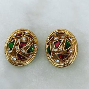 Vintage clip-on earrings GOLD red green stones